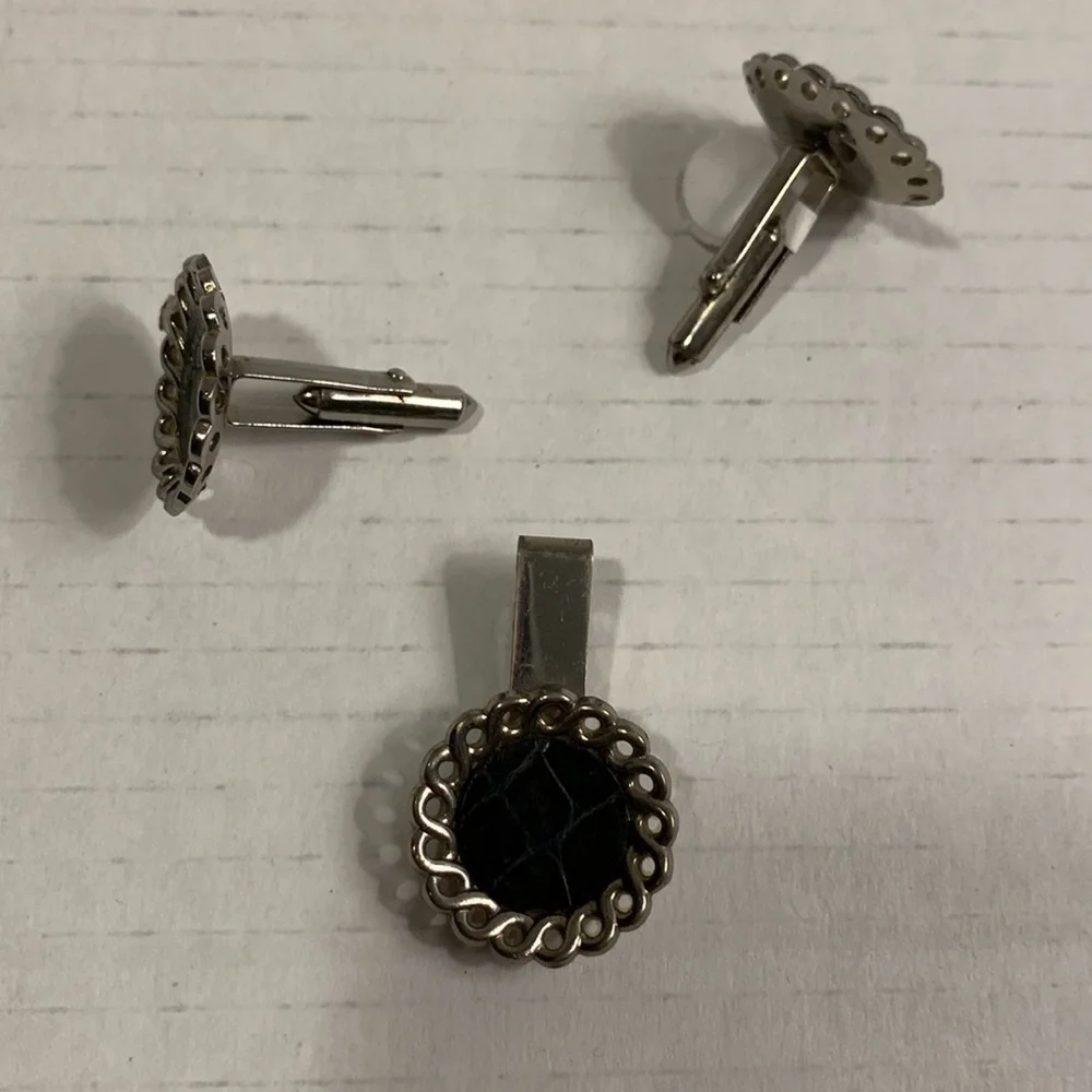 SILVER Tone Cuff Links w/ Tie Tack- leather inside- good condition- vintage